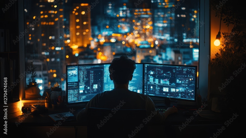 Aufkleber coder works late, city night view, dual monitors, programming