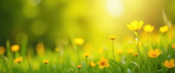 Bokeh Perfect Easter Meadow Scene: Vibrant Green Meadows and Yellow Flowers. A field of yellow flowers with the sun shining through them.