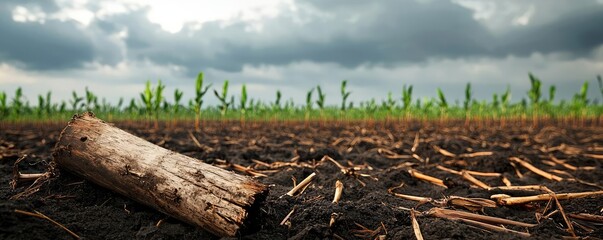 Obraz premium Acid rain climate change idea. A close-up of soil, showcasing a log and vibrant green crops under dramatic clouds.