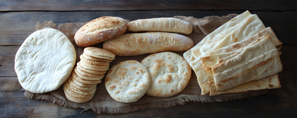 Fresh assorted breads including pita, flatbreads, and baguettes arranged on rustic wooden surface, showcasing variety of textures and shapes