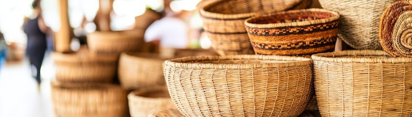 Obraz premium Sustainable and Ethical Shopping: A Conscious Consumer's Choice, Handcrafted wicker baskets stacked in a market setting, showcasing intricate designs and textures.