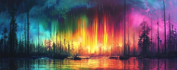 Fototapeta premium Acid rain climate change concept. Vibrant aurora lights reflecting on serene waters amidst silhouetted trees.