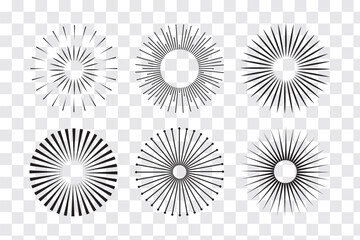 Radial circle lines. Sun and star rays sign symbol. Flat design elements. Spokes with radiating stripes. Abstract illusion geometric shapes. Variety Design. EPS 10