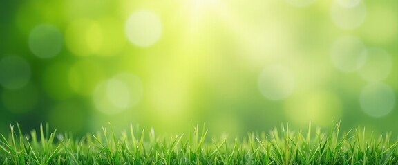 Obraz premium Fresh Green Grass with Bright Sunlight and Bokeh Background