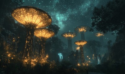 dramatic alien landscape with massive glowing plants towering over explorers scanning the area with high-tech gadgets, Generative AI