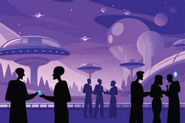Illustrate an alien business networking event within a futuristic, floating city.  Depict diverse alien species mingling, exchanging business cards, and networking. © adobe