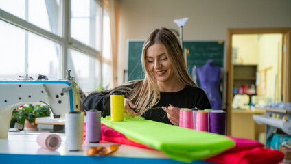 A seamstress happily creates with vibrant fabrics and thread, immersed in her craft in a well-lit sewing room.