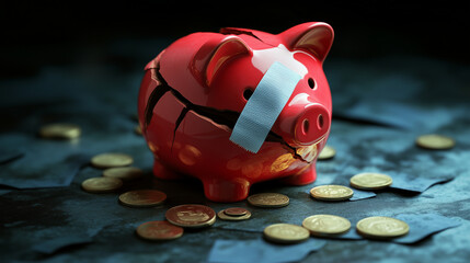 Cracked piggy bank with a taped band-aid, illustrating financial crisis, debt, and money-saving issues