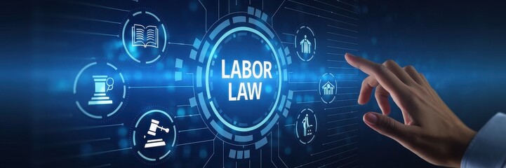 Hand interacts with a digital interface showing labor law
