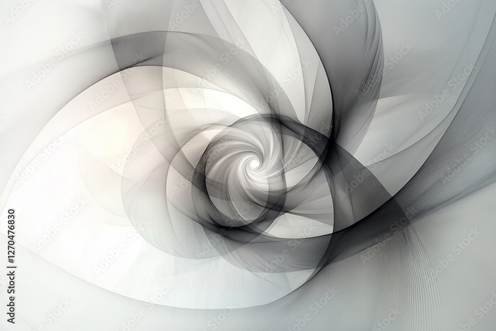 Poster spiral of black and white lines that is curved and twisted. the lines are very thin and are almost i
