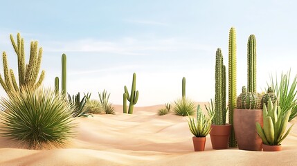 Desert Landscape Featuring Various Cacti and Succulents