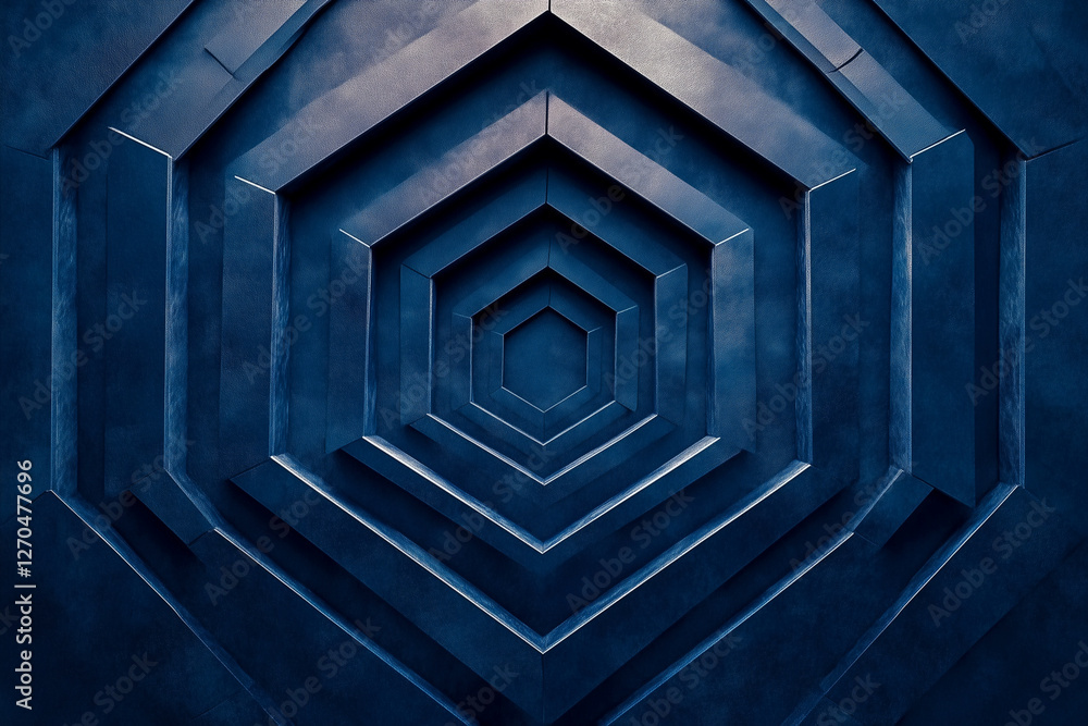 Poster blue and white image of a hexagon with a blue background. the image is abstract and has a modern fee