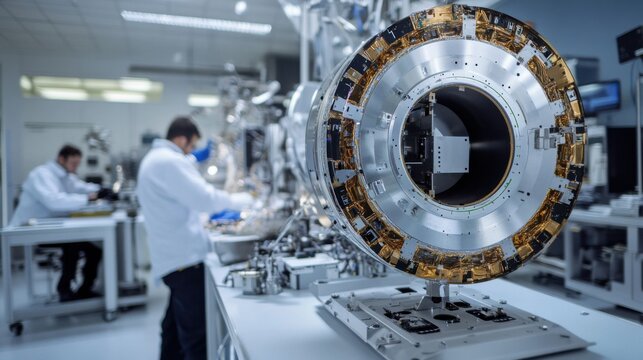 Satellite assembly in a modern space lab. Featuring engineers assembling satellite components with precision tools
