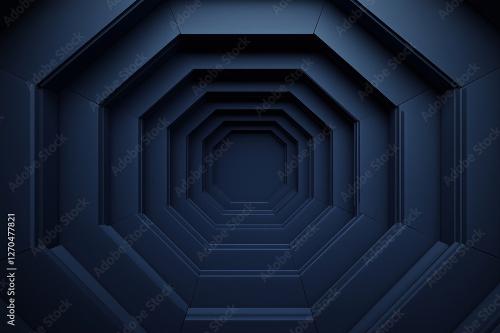 Poster blue, dark, and narrow tunnel with a lot of empty space. the tunnel is almost completely empty, with