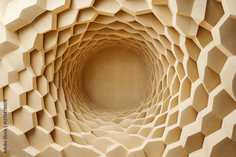Aufkleber large, curved wall made of wood with a hole in the middle. the wall is made of hexagonal shapes and 