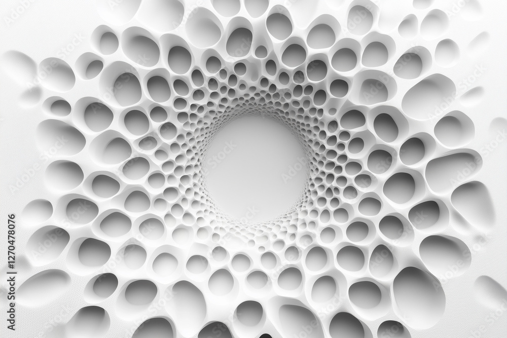 Poster white circle with many small holes in it. the holes are scattered throughout the circle, creating a 