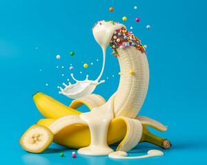 Banana with a dynamic splash of melted chocolate