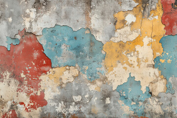  wall with a colorful, textured surface. The wall is made of cement and has a lot of cracks and holes. The colors are red, yellow, and blue. The wall appears to be old and worn
