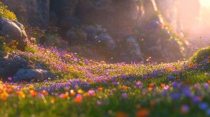 Sunlit mountain meadow wildflowers sunrise, nature background, idyllic scene © gendis