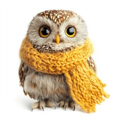 Naklejka premium Little plush owl on a knitted scarf on pure white background