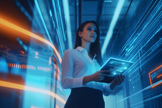 A professional woman interacts with a digital tablet, surrounded by vibrant blue and orange data streams in a futuristic environment.