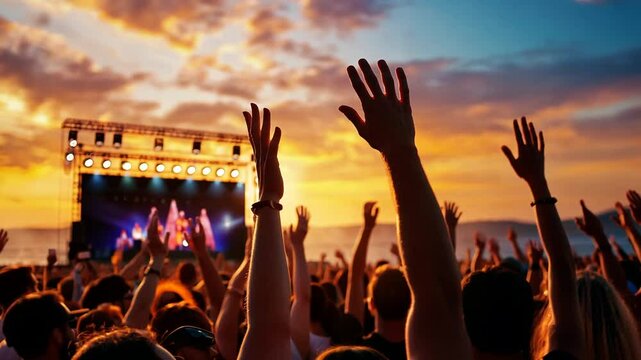 Euphoric crowd enjoying electrifying beachside concert, illustrating music festival energy, live performance, celebration, summer nightlife, joy and vibrant atmosphere