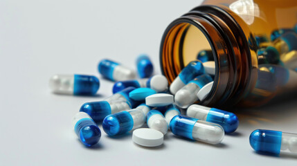 Blue and white pills laid out 