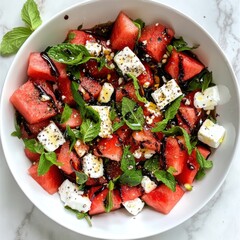 A vibrant and fresh watermelon and feta salad with mint leaves and a drizzle of balsamic glaze, served in a white bowl, Salad centered