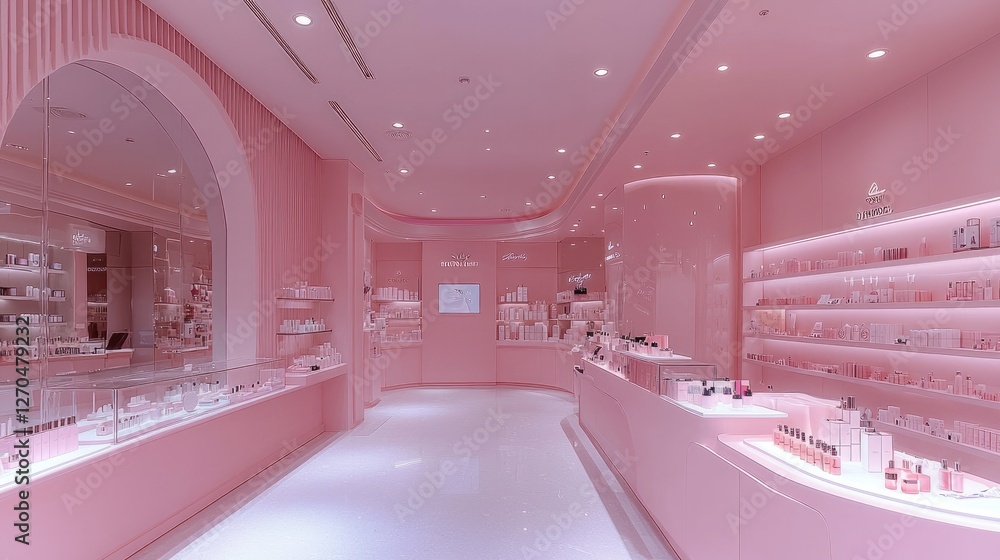 Aufkleber A large pink store with a display stand selling cosmetics, an open space at one end for displaying products, while another area features glass cabinets filled with various makeup items.