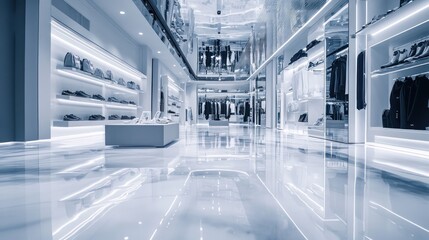 Obraz premium A futuristic retail store with glossy epoxy floors, the reflective surface adding depth and dimension to the space