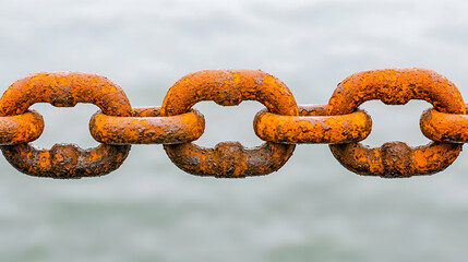 Fototapeta premium Rusty chain links near ocean, blurred water background; industrial, nautical, texture image