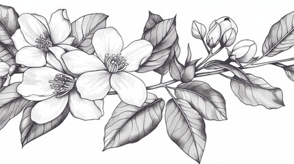 Elegant black and white floral vector pattern featuring hand-drawn flower illustrations