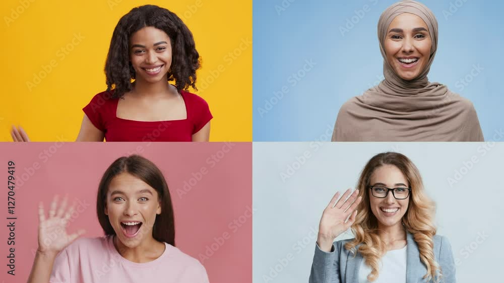 Poster a collection of cheerful individuals from different backgrounds waving hello. each person displays a