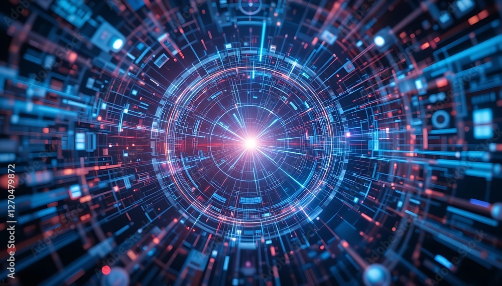 Poster abstract digital data stream with glowing center and interconnected lines