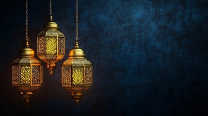 Elegant golden lanterns softly glowing against a textured dark blue wall, perfect for Ramadan decorations, events, or festive occasions with inviting warm ambiance.
