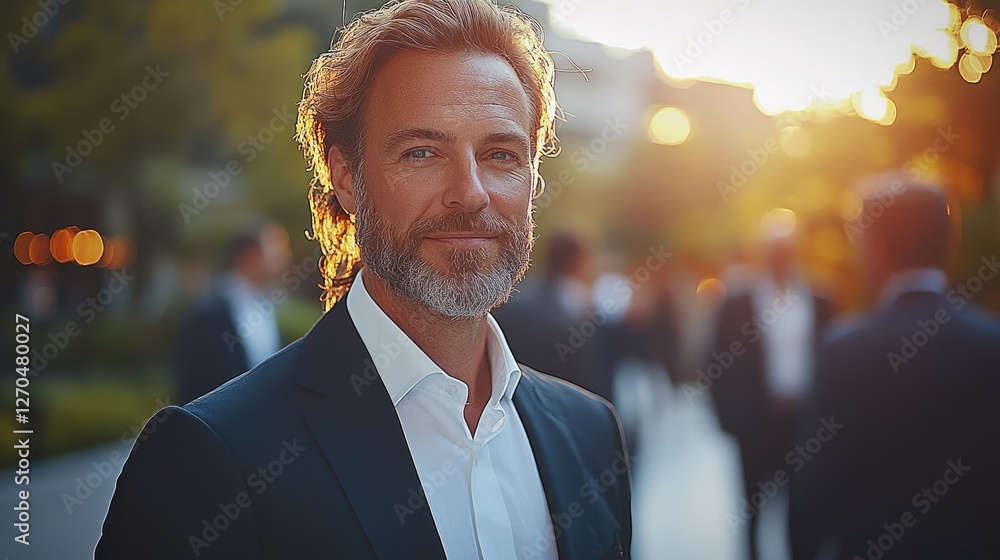 Poster A confident entrepreneur networking with potential clients in a modern business environment. highlights key elements like meaningful conversations, strategic connections, and financial growth.