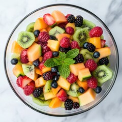 A vibrant and refreshing fruit salad with a mix of seasonal fruits and a drizzle of honey, served in a clear glass bowl, Fruit salad centered