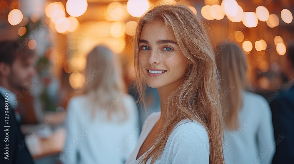 Aufkleber A confident entrepreneur networking with potential clients in a modern business environment. highlights key elements like meaningful conversations, strategic connections, and financial growth.