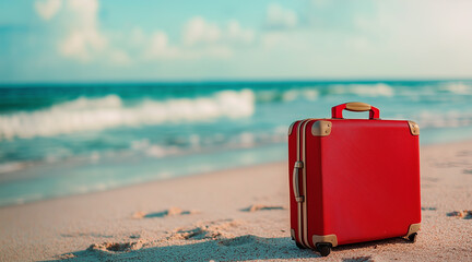A red suitcase standing on the beach floor, the blurry beach scene in the background evokes travel and adventure
