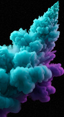 Obraz premium A vibrant abstract representation of colorful smoke or vapor in shades of turquoise and purple, swirling and flowing upwards against a black starry background.