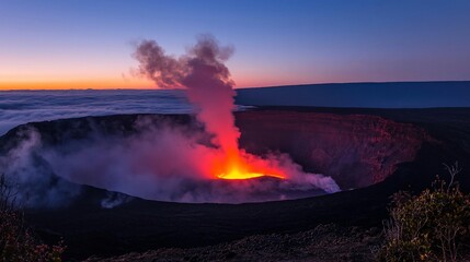 Fototapeta premium Volcanic eruption at dawn, glowing lava and smoke plume rising from crater.