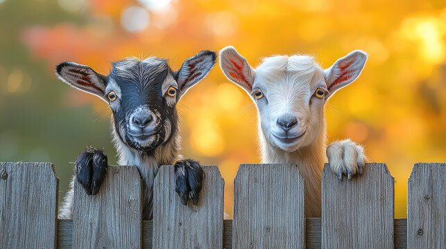 Two adorable goat kids peek over a wooden fence against a vibrant autumn backdrop.