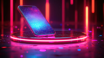 Futuristic smartphone on a glowing pink circular platform with neon light streaks in the background.