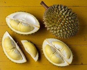 Fresh durian fruit on vibrant yellow background