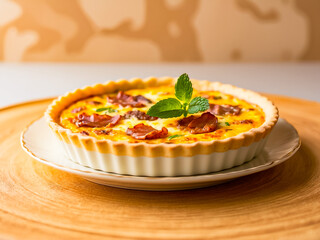 French cuisine, High angle view of Quiche lorraine - Savory tart topped with pieces of bacon in white ceramic plate.