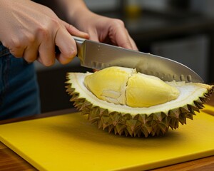 Fresh durian fruit on vibrant yellow background