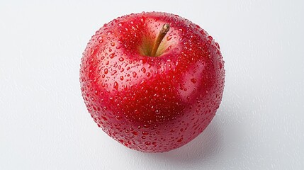 Red apple, water droplets, white background, healthy food