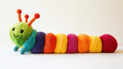 Soft plush caterpillar with rainbow colors on pure white background
