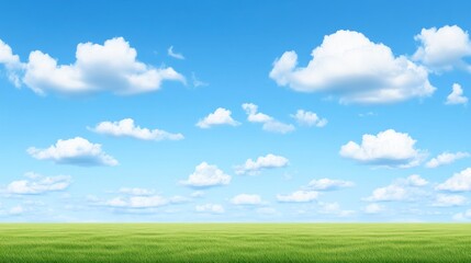 Fototapeta premium Sunny day, green field, fluffy clouds, blue sky, nature panorama, website banner
