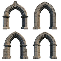 Four medieval stone arches in various styles, suitable for architectural or fantasy backgrounds. Each arch features detailed stonework and decorative elements
